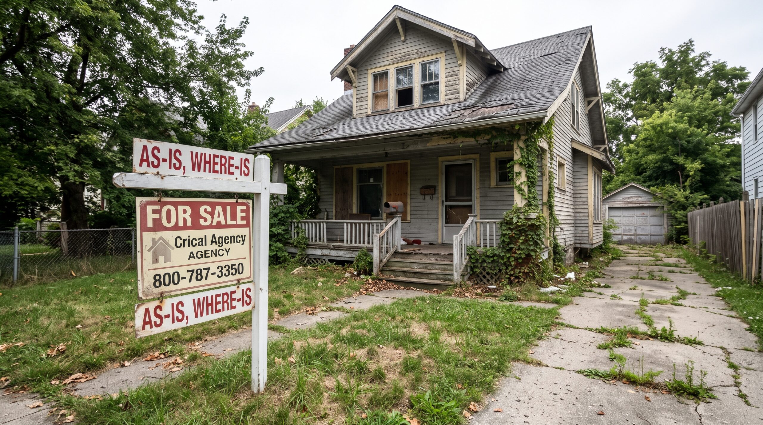 Ontario home for sale "as is, where is" with a for-sale sign on the lawn